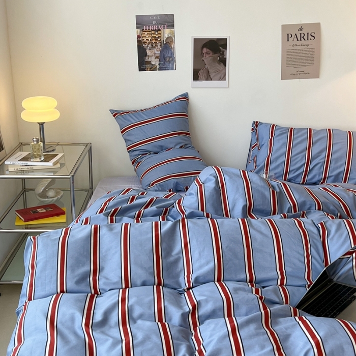 91家纺网 家纺一手货源 找家纺 昔可家纺2022新款韩风简约条纹全棉套件正常款 红蓝条