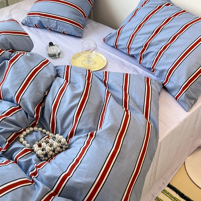 91家纺网 家纺一手货源 找家纺 昔可家纺2022新款韩风简约条纹全棉套件正常款 红蓝条