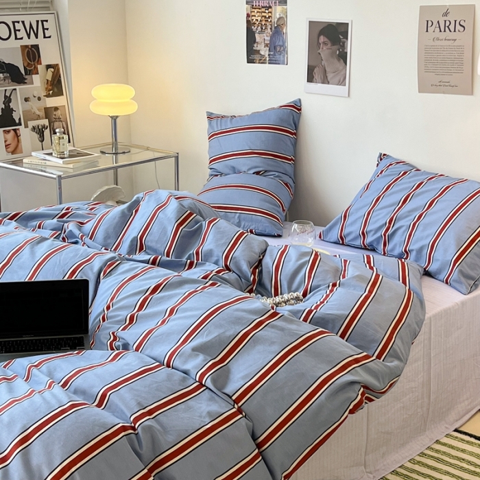91家纺网 家纺一手货源 找家纺 昔可家纺2022新款韩风简约条纹全棉套件正常款 红蓝条