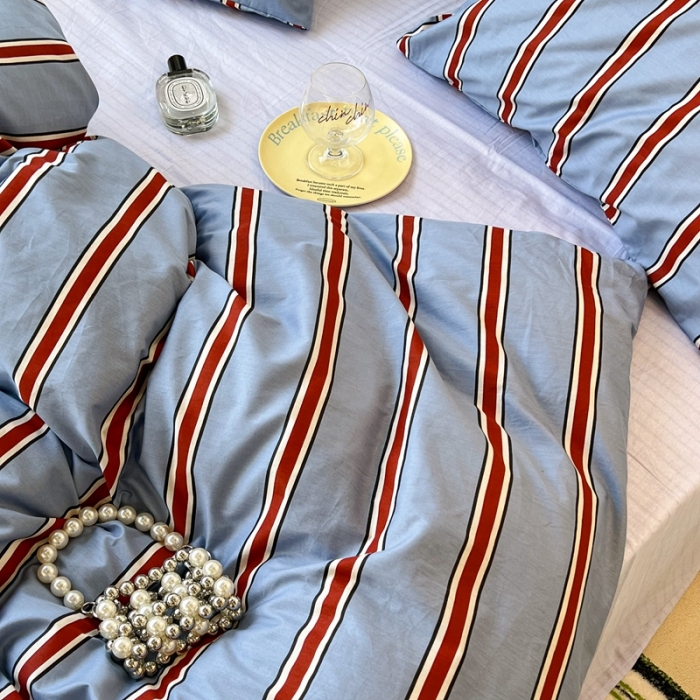 91家纺网 家纺一手货源 找家纺 昔可家纺2022新款韩风简约条纹全棉套件正常款 红蓝条