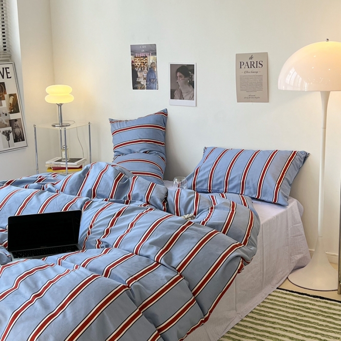 91家纺网 家纺一手货源 找家纺 昔可家纺2022新款韩风简约条纹全棉套件正常款 红蓝条