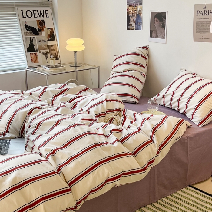 91家纺网 家纺一手货源 找家纺 昔可家纺2022新款韩风简约条纹全棉套件正常款 红竖条