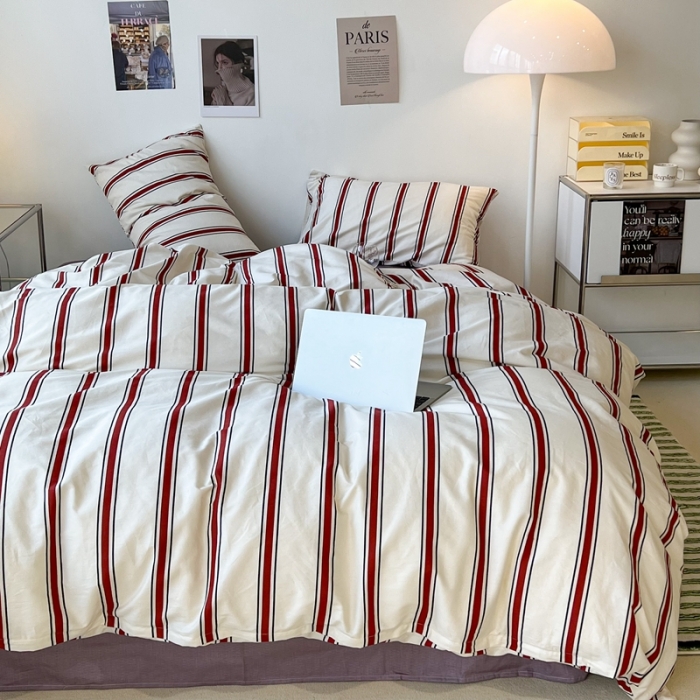 91家纺网 家纺一手货源 找家纺 昔可家纺2022新款韩风简约条纹全棉套件正常款 红竖条