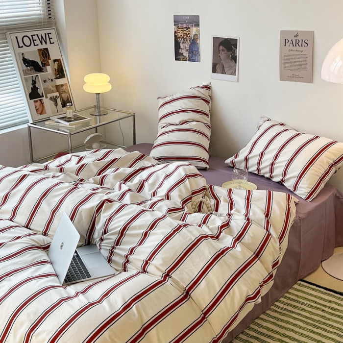 91家纺网 家纺一手货源 找家纺 昔可家纺2022新款韩风简约条纹全棉套件正常款 红竖条