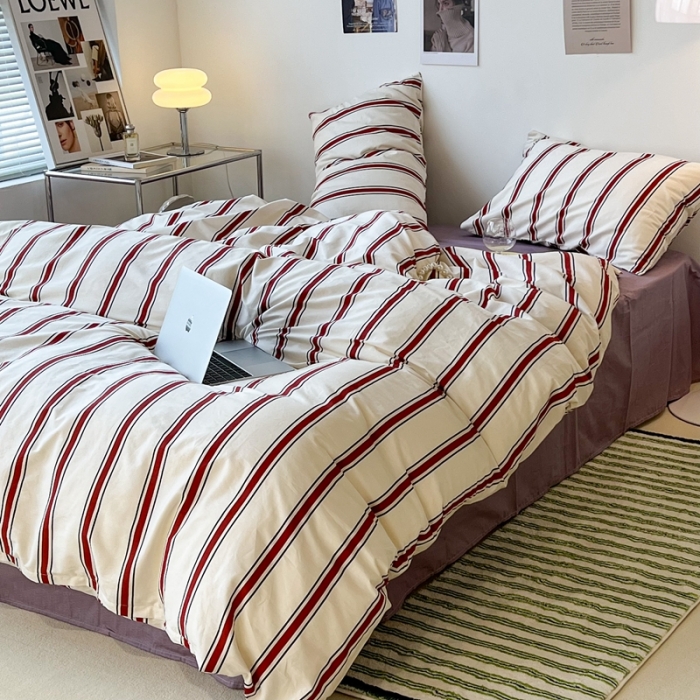 91家纺网 家纺一手货源 找家纺 昔可家纺2022新款韩风简约条纹全棉套件正常款 红竖条