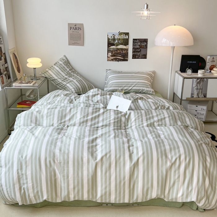 91家纺网 家纺一手货源 找家纺 昔可家纺2022新款韩风简约条纹全棉套件正常款 绿白条