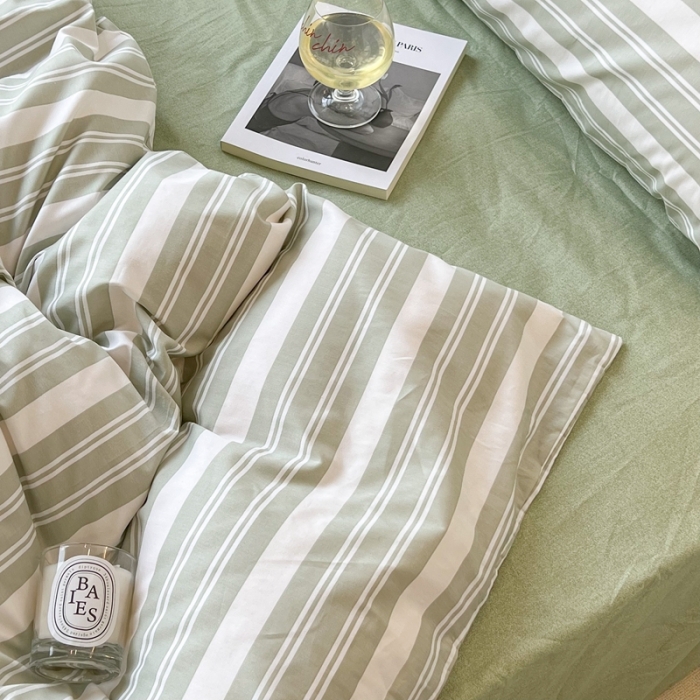 91家纺网 家纺一手货源 找家纺 昔可家纺2022新款韩风简约条纹全棉套件正常款 绿白条