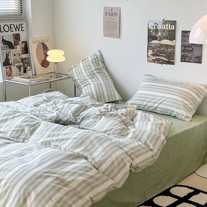 91家纺网 家纺一手货源 找家纺 昔可家纺2022新款韩风简约条纹全棉套件正常款 绿白条
