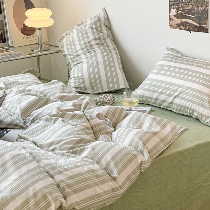 91家纺网 家纺一手货源 找家纺 昔可家纺2022新款韩风简约条纹全棉套件正常款 绿白条