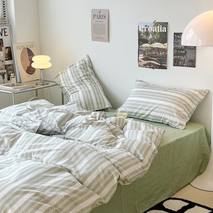 91家纺网 家纺一手货源 找家纺 昔可家纺2022新款韩风简约条纹全棉套件正常款 绿白条