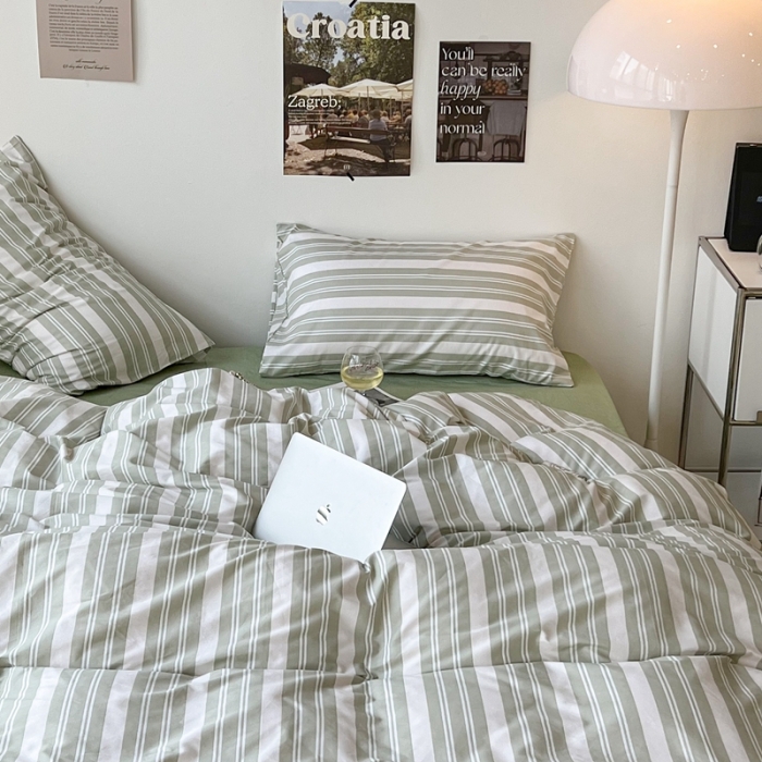 91家纺网 家纺一手货源 找家纺 昔可家纺2022新款韩风简约条纹全棉套件正常款 绿白条
