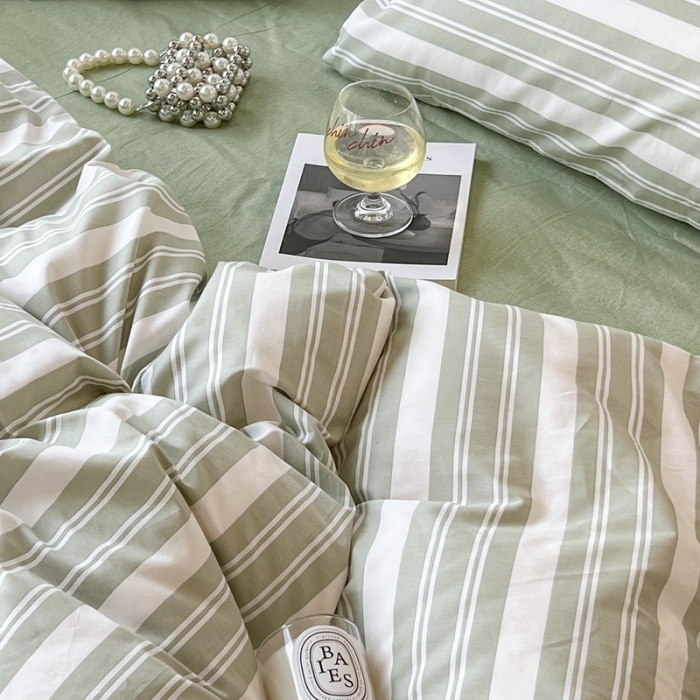 91家纺网 家纺一手货源 找家纺 昔可家纺2022新款韩风简约条纹全棉套件正常款 绿白条