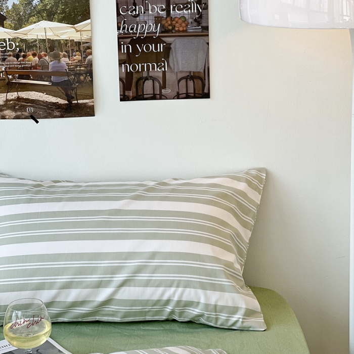 91家纺网 家纺一手货源 找家纺 昔可家纺2022新款韩风简约条纹全棉套件正常款 绿白条