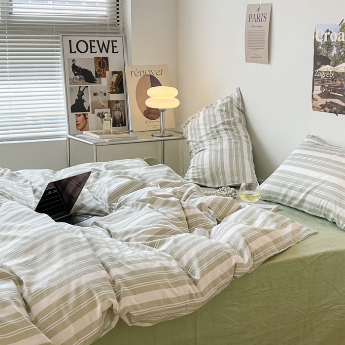 91家纺网 家纺一手货源 找家纺 昔可家纺2022新款韩风简约条纹全棉套件正常款 绿白条