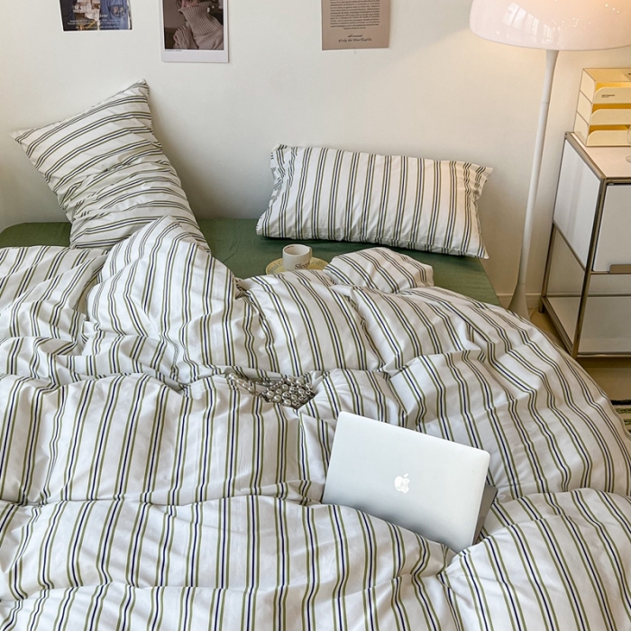 91家纺网 家纺一手货源 找家纺 昔可家纺2022新款韩风简约条纹全棉套件正常款 绿竖条