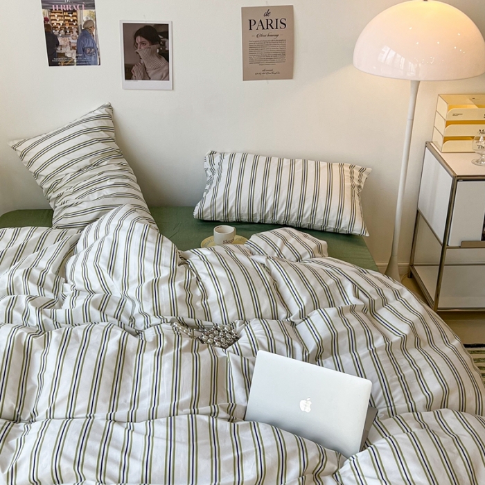 91家纺网 家纺一手货源 找家纺 昔可家纺2022新款韩风简约条纹全棉套件正常款 绿竖条
