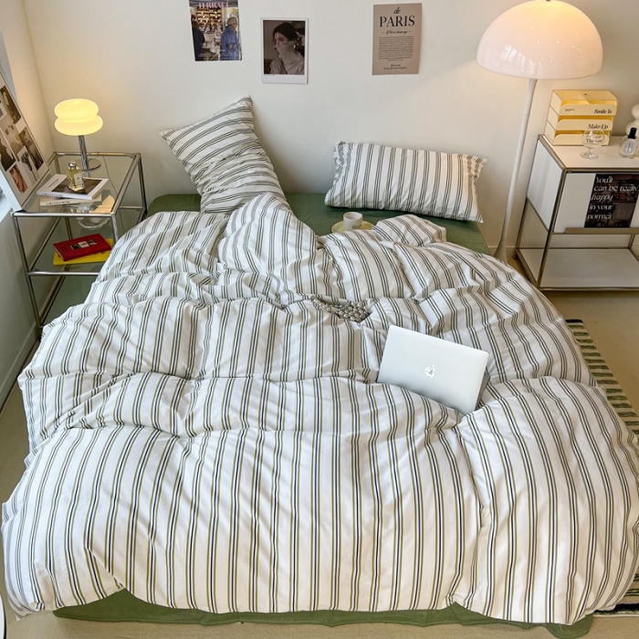 91家纺网 家纺一手货源 找家纺 昔可家纺2022新款韩风简约条纹全棉套件正常款 绿竖条