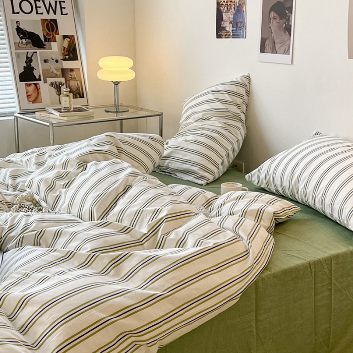 91家纺网 家纺一手货源 找家纺 昔可家纺2022新款韩风简约条纹全棉套件正常款 绿竖条