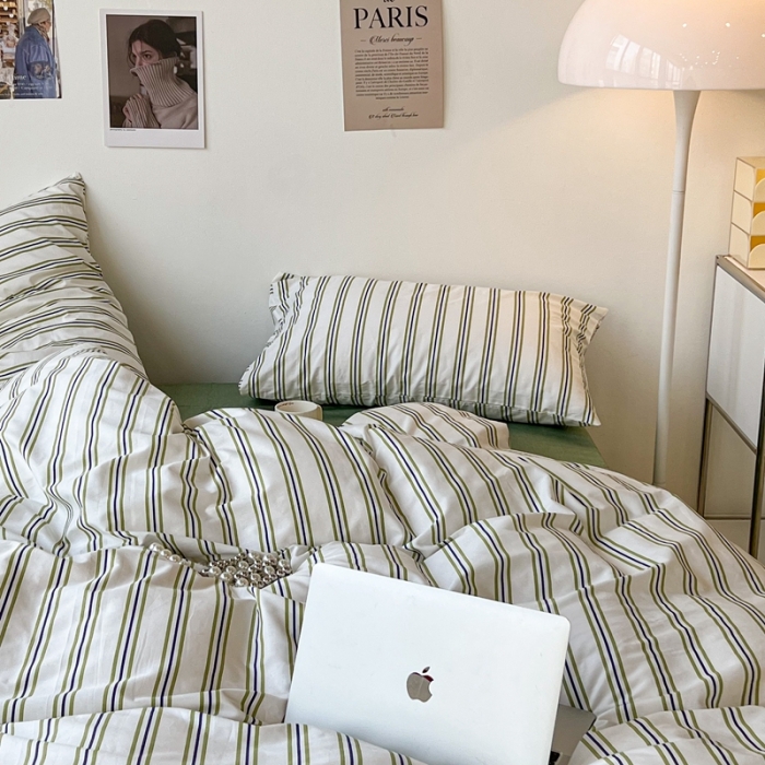 91家纺网 家纺一手货源 找家纺 昔可家纺2022新款韩风简约条纹全棉套件正常款 绿竖条