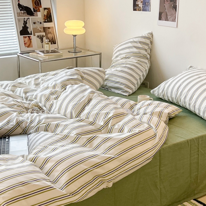 91家纺网 家纺一手货源 找家纺 昔可家纺2022新款韩风简约条纹全棉套件正常款 绿竖条