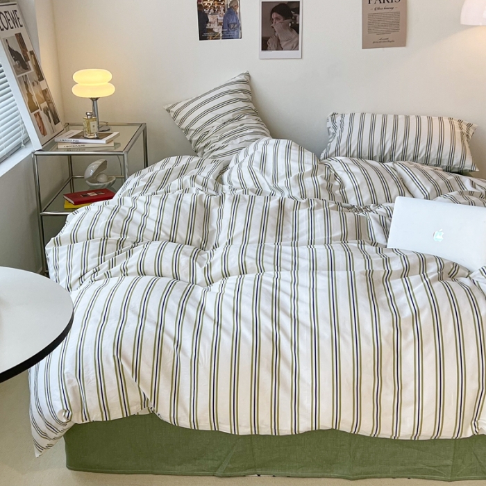 91家纺网 家纺一手货源 找家纺 昔可家纺2022新款韩风简约条纹全棉套件正常款 绿竖条