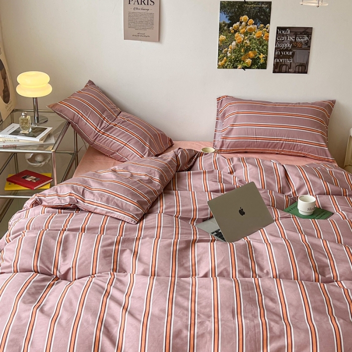 91家纺网 家纺一手货源 找家纺 昔可家纺2022新款韩风简约条纹全棉套件正常款 棕粉条