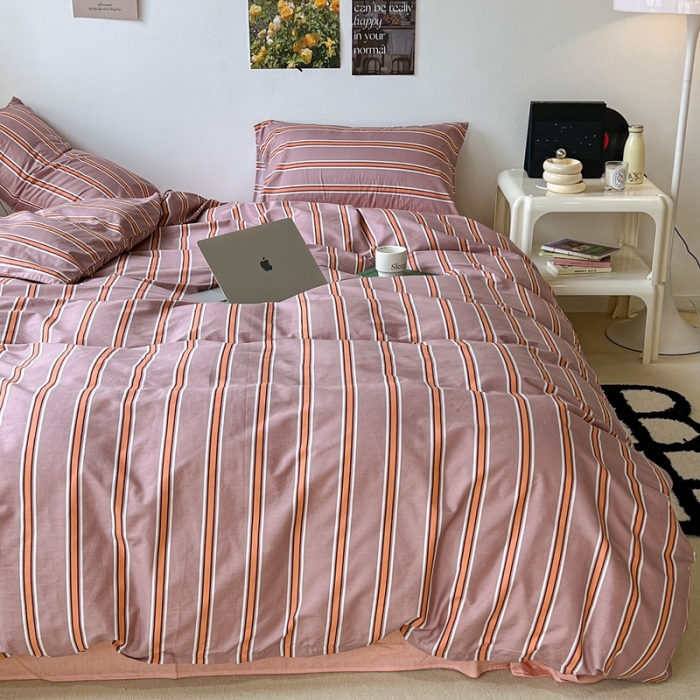 91家纺网 家纺一手货源 找家纺 昔可家纺2022新款韩风简约条纹全棉套件正常款 棕粉条