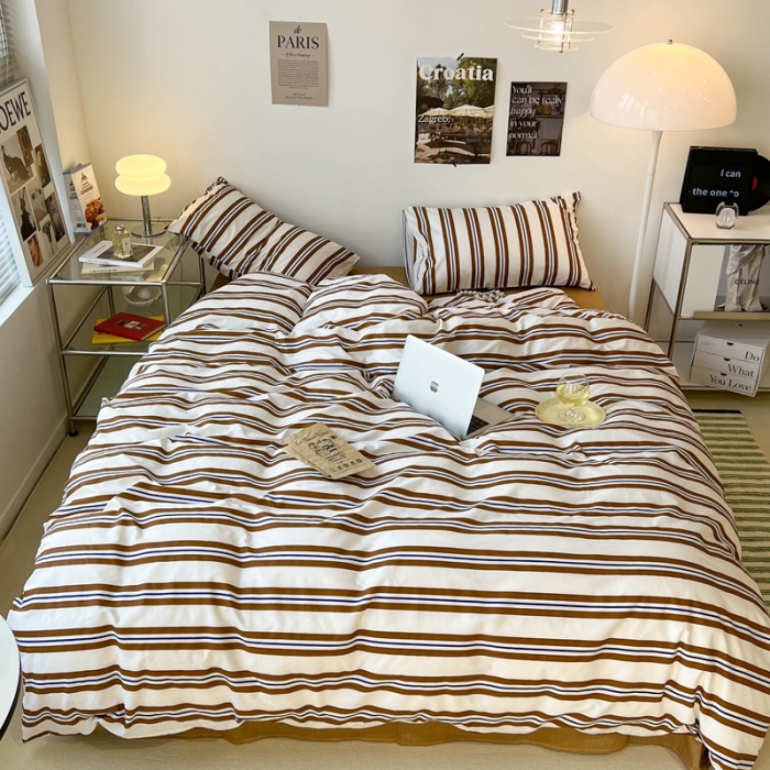 91家纺网 家纺一手货源 找家纺 昔可家纺2022新款韩风简约条纹全棉套件正常款 棕横条