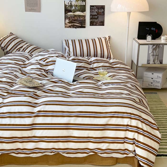 91家纺网 家纺一手货源 找家纺 昔可家纺2022新款韩风简约条纹全棉套件正常款 棕横条