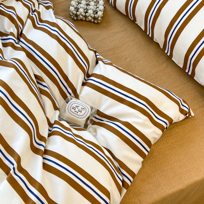 91家纺网 家纺一手货源 找家纺 昔可家纺2022新款韩风简约条纹全棉套件正常款 棕横条