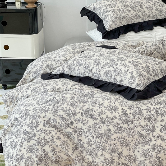 91家纺网 家纺一手货源 找家纺 昔可家纺2022新款花边款全棉四件套 莫里斯花房