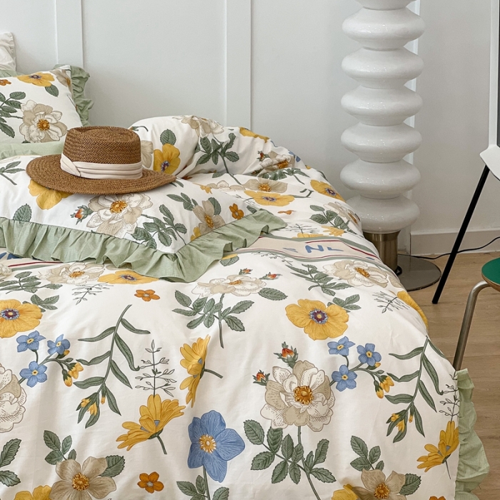 91家纺网 家纺一手货源 找家纺 昔可家纺2022新款花边款全棉四件套 人间四月花