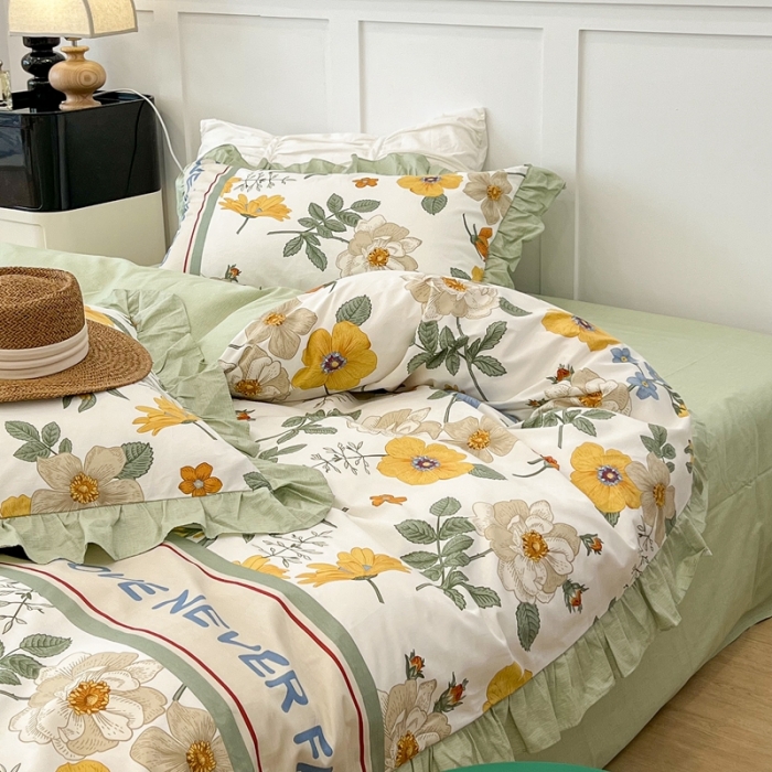 91家纺网 家纺一手货源 找家纺 昔可家纺2022新款花边款全棉四件套 人间四月花