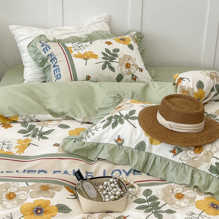 91家纺网 家纺一手货源 找家纺 昔可家纺2022新款花边款全棉四件套 人间四月花