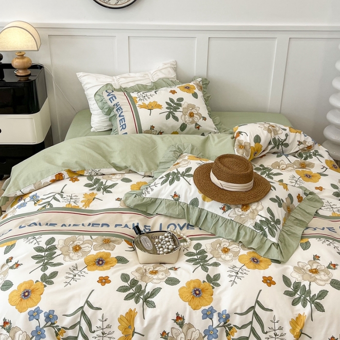 91家纺网 家纺一手货源 找家纺 昔可家纺2022新款花边款全棉四件套 人间四月花