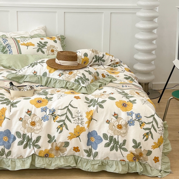 91家纺网 家纺一手货源 找家纺 昔可家纺2022新款花边款全棉四件套 人间四月花