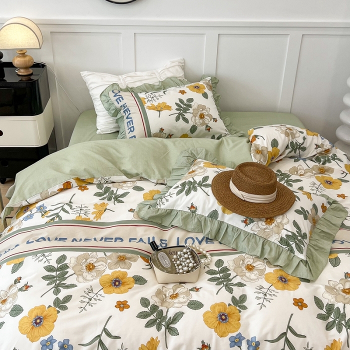 91家纺网 家纺一手货源 找家纺 昔可家纺2022新款花边款全棉四件套 人间四月花