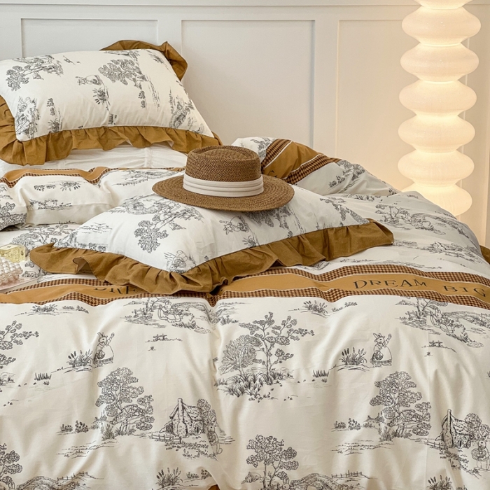 91家纺网 家纺一手货源 找家纺 昔可家纺2022新款花边款全棉四件套 仲夏