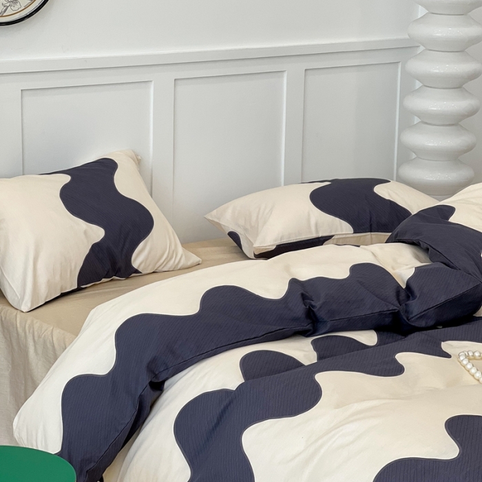 91家纺网 家纺一手货源 找家纺 昔可家纺2022新款简约波纹全棉款四件套 黑波纹