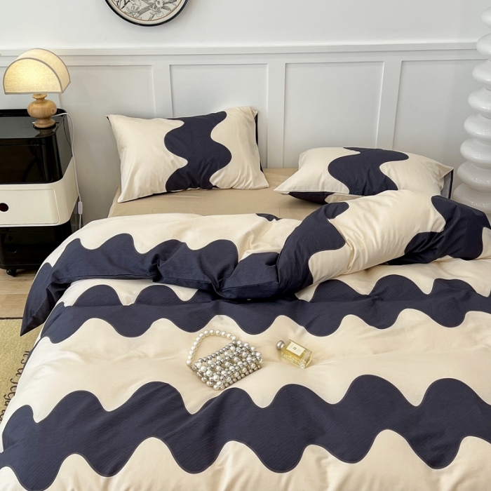 91家纺网 家纺一手货源 找家纺 昔可家纺2022新款简约波纹全棉款四件套 黑波纹