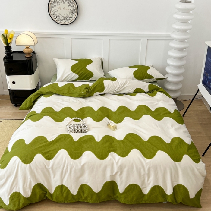 91家纺网 家纺一手货源 找家纺 昔可家纺2022新款简约波纹全棉款四件套 绿波纹