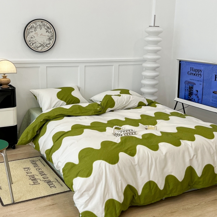 91家纺网 家纺一手货源 找家纺 昔可家纺2022新款简约波纹全棉款四件套 绿波纹