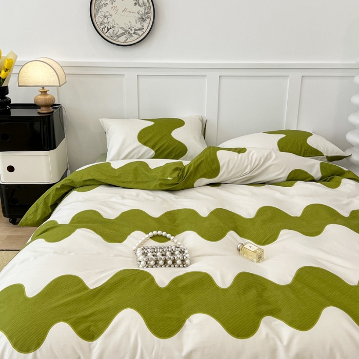 91家纺网 家纺一手货源 找家纺 昔可家纺2022新款简约波纹全棉款四件套 绿波纹