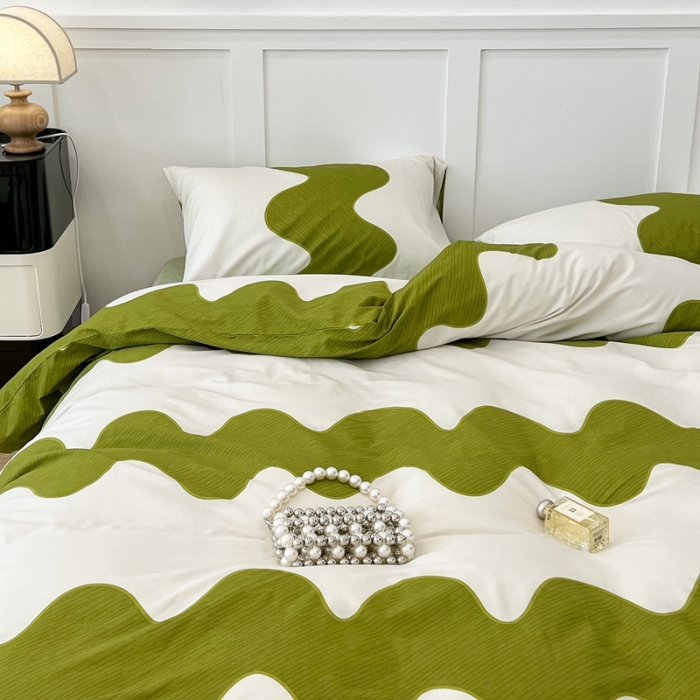 91家纺网 家纺一手货源 找家纺 昔可家纺2022新款简约波纹全棉款四件套 绿波纹