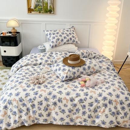 91家纺网 家纺一手货源 找家纺 昔可家纺2022新款奶呼呼卧室四件套 蓝玫瑰蝴蝶结