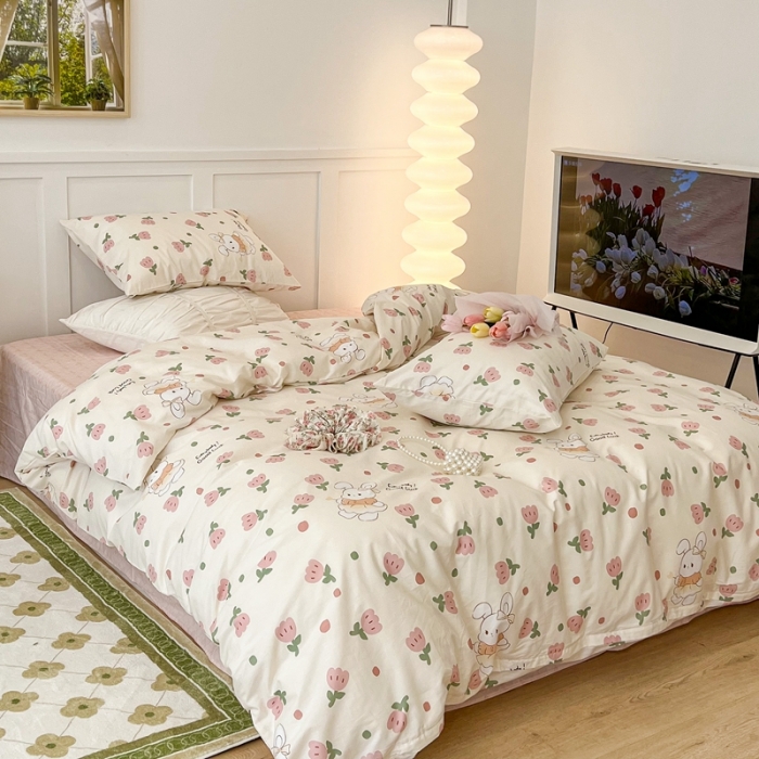 91家纺网 家纺一手货源 找家纺 昔可家纺2022新款奶呼呼卧室四件套 粉郁金兔