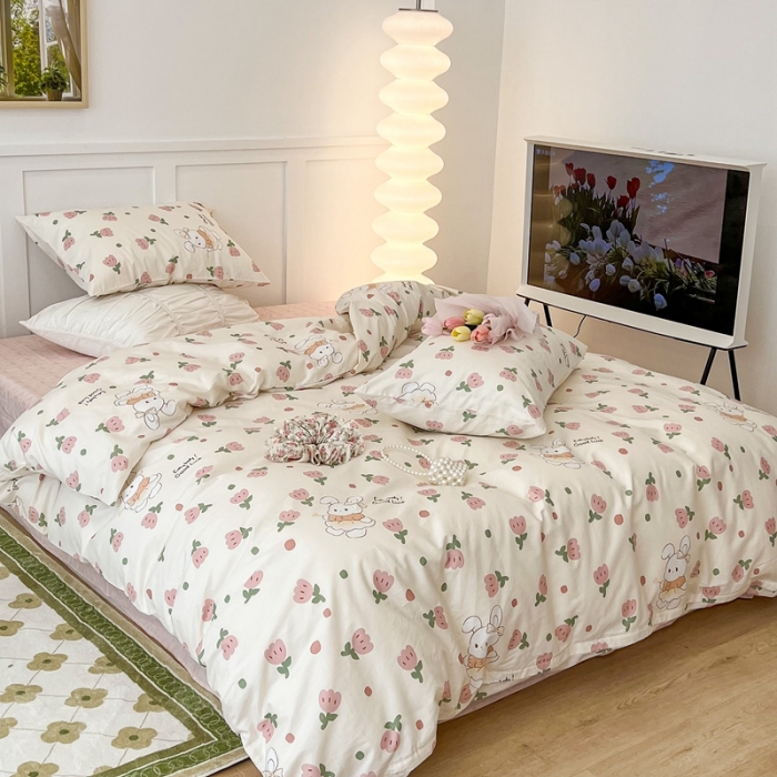 91家纺网 家纺一手货源 找家纺 昔可家纺2022新款奶呼呼卧室四件套 粉郁金兔