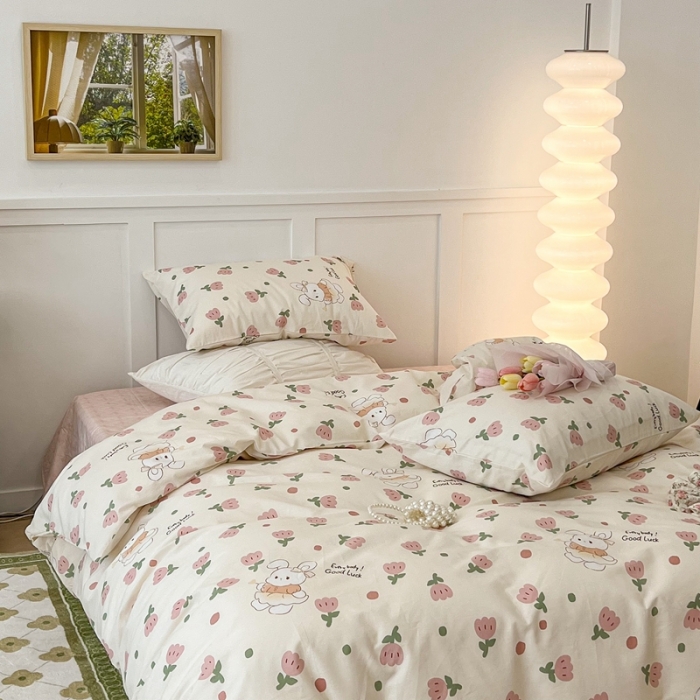 91家纺网 家纺一手货源 找家纺 昔可家纺2022新款奶呼呼卧室四件套 粉郁金兔