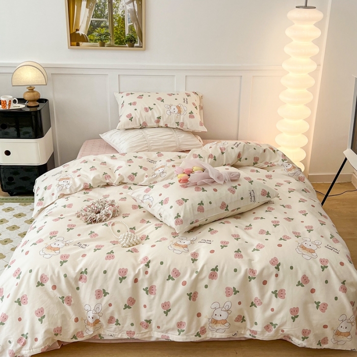 91家纺网 家纺一手货源 找家纺 昔可家纺2022新款奶呼呼卧室四件套 粉郁金兔