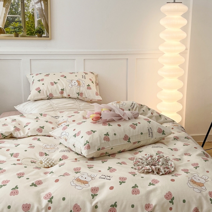 91家纺网 家纺一手货源 找家纺 昔可家纺2022新款奶呼呼卧室四件套 粉郁金兔